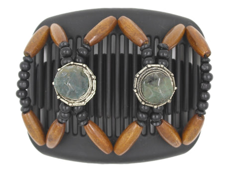 African Butterfly Hair Comb - Gemstone Black 88 - emerald green gemstones on silver conchos, black wood beads, medium brown wood beads, white background