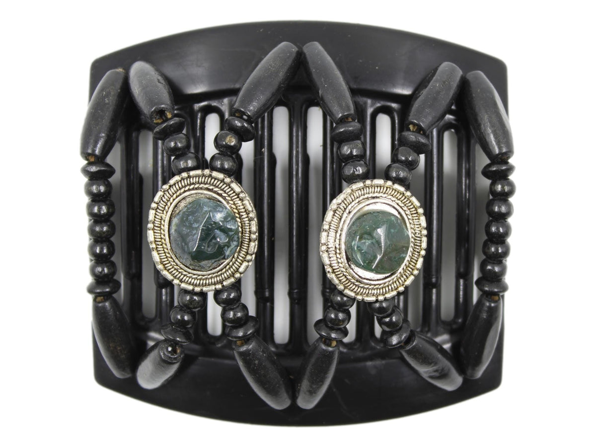 African Butterfly Thick Hair Comb - Gemstone Black 89 - forest green gemstones set on silver conchos, solid black wood beads, white background