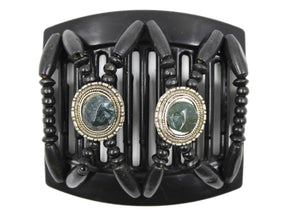 African Butterfly Thick Hair Comb - Gemstone Black 89 - forest green gemstones set on silver conchos, solid black wood beads, white background