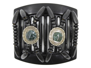 African Butterfly Thick Hair Comb - Gemstone Black 89 - forest green gemstones set on silver conchos, solid black wood beads, white background