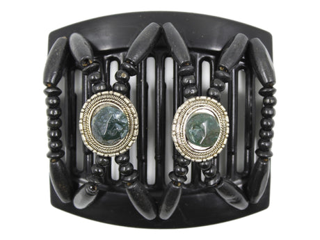 African Butterfly Thick Hair Comb - Gemstone Black 89 - forest green gemstones set on silver conchos, solid black wood beads, white background