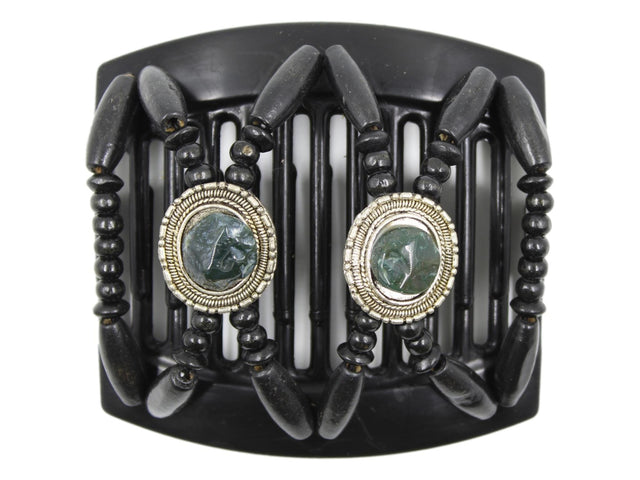 African Butterfly Thick Hair Comb - Gemstone Black 89 - forest green gemstones set on silver conchos, solid black wood beads, white background