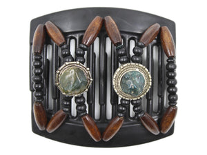 African Butterfly Thick Hair Comb - Gemstone Black 90 - dark green gemstones on round silver conchos, black wood beads, dark brown wood beads along the edges, white background