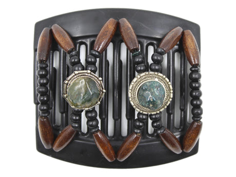 African Butterfly Thick Hair Comb - Gemstone Black 90 - dark green gemstones on round silver conchos, black wood beads, dark brown wood beads along the edges, white background