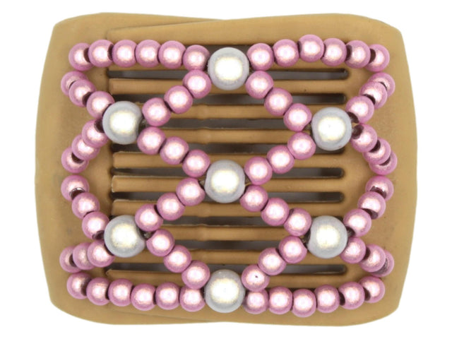 African Butterfly LadyBug Hair Comb - Blonde 65 - white accent magic beads, dusty rose magic beads, white background