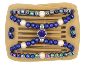 African Butterfly LadyBug Hair Comb - Blonde 66 - sapphire center rhinestone set in a silver charm, sapphire magic beads, rainbow beads, antique white pearl accent beads, white background
