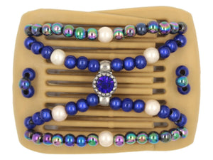 African Butterfly LadyBug Hair Comb - Blonde 66 - sapphire center rhinestone set in a silver charm, sapphire magic beads, rainbow beads, antique white pearl accent beads, white background