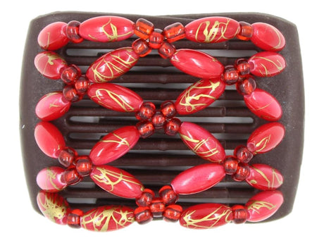 African Butterfly LadyBug Hair Comb - Brown 87 - Red and gold beaded hair clip on a white background
