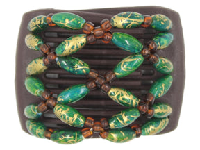 African Butterfly LadyBug Hair Comb - Brown 90 - brown seed beads and hunter green with gold swirl beads, white background