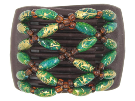 African Butterfly LadyBug Hair Comb - Brown 90 - brown seed beads and hunter green with gold swirl beads, white background
