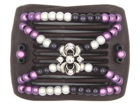 African Butterfly LadyBug Hair Comb - Brown 92 - silver charm with clear rhinestones, charcoal gray, white, and mauve magic beads, white background