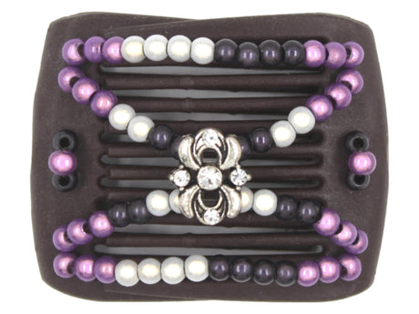African Butterfly LadyBug Hair Comb - Brown 92 - silver charm with clear rhinestones, charcoal gray, white, and mauve magic beads, white background