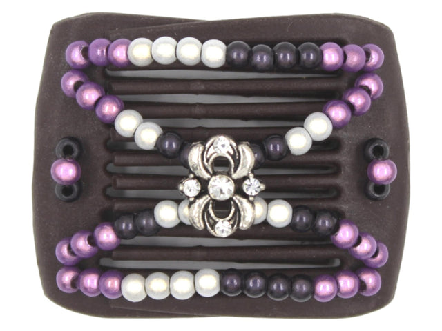 African Butterfly LadyBug Hair Comb - Brown 92 - silver charm with clear rhinestones, charcoal gray, white, and mauve magic beads, white background