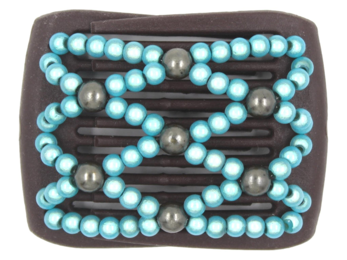 African Butterfly LadyBug Hair Comb - Brown 93 - aqua blue magic beads and gray-green pearl beads, white background