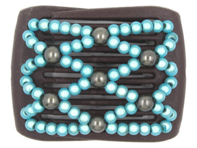 African Butterfly LadyBug Hair Comb - Brown 93 - aqua blue magic beads and gray-green pearl beads, white background