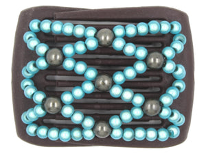 African Butterfly LadyBug Hair Comb - Brown 93 - aqua blue magic beads and gray-green pearl beads, white background