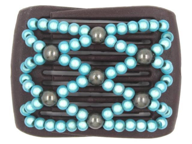 African Butterfly LadyBug Hair Comb - Brown 93 - aqua blue magic beads and gray-green pearl beads, white background