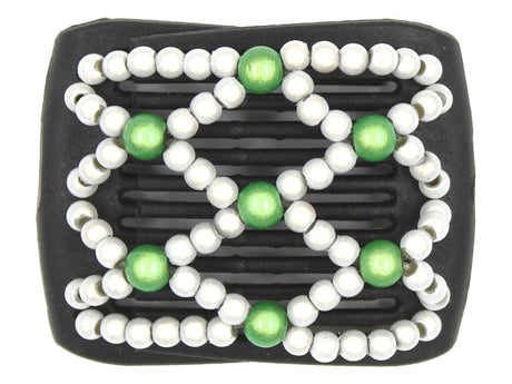 African Butterfly LadyBug Hair Comb - Black 74 - Black hair clip with white and green beads on a white background