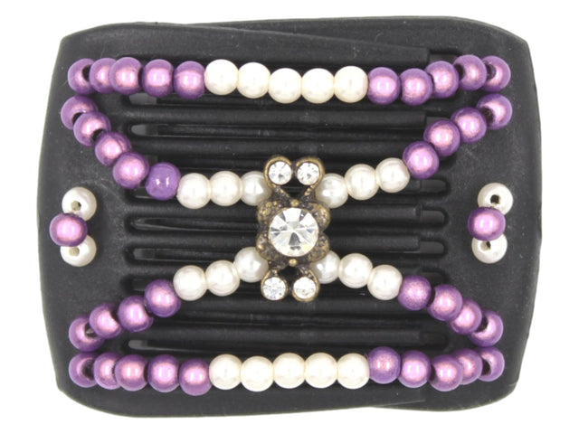 African Butterfly LadyBug Hair Comb - Black 80 - antique bronze charm with large and small clear rhinestones, white pearl and mauve magic beads, white background