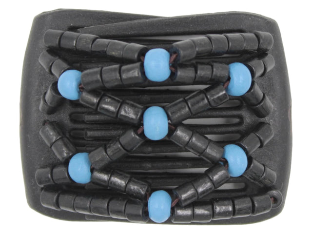 African Butterfly LadyBug Hair Comb - Black 82 - sky blue and black wood beads, white background