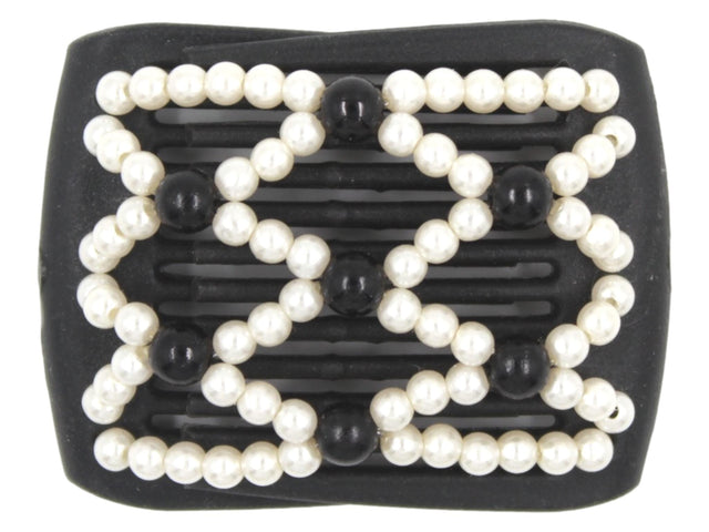 African Butterfly LadyBug Hair Comb - Black 83 - black accent beads and white pearl beads, white background