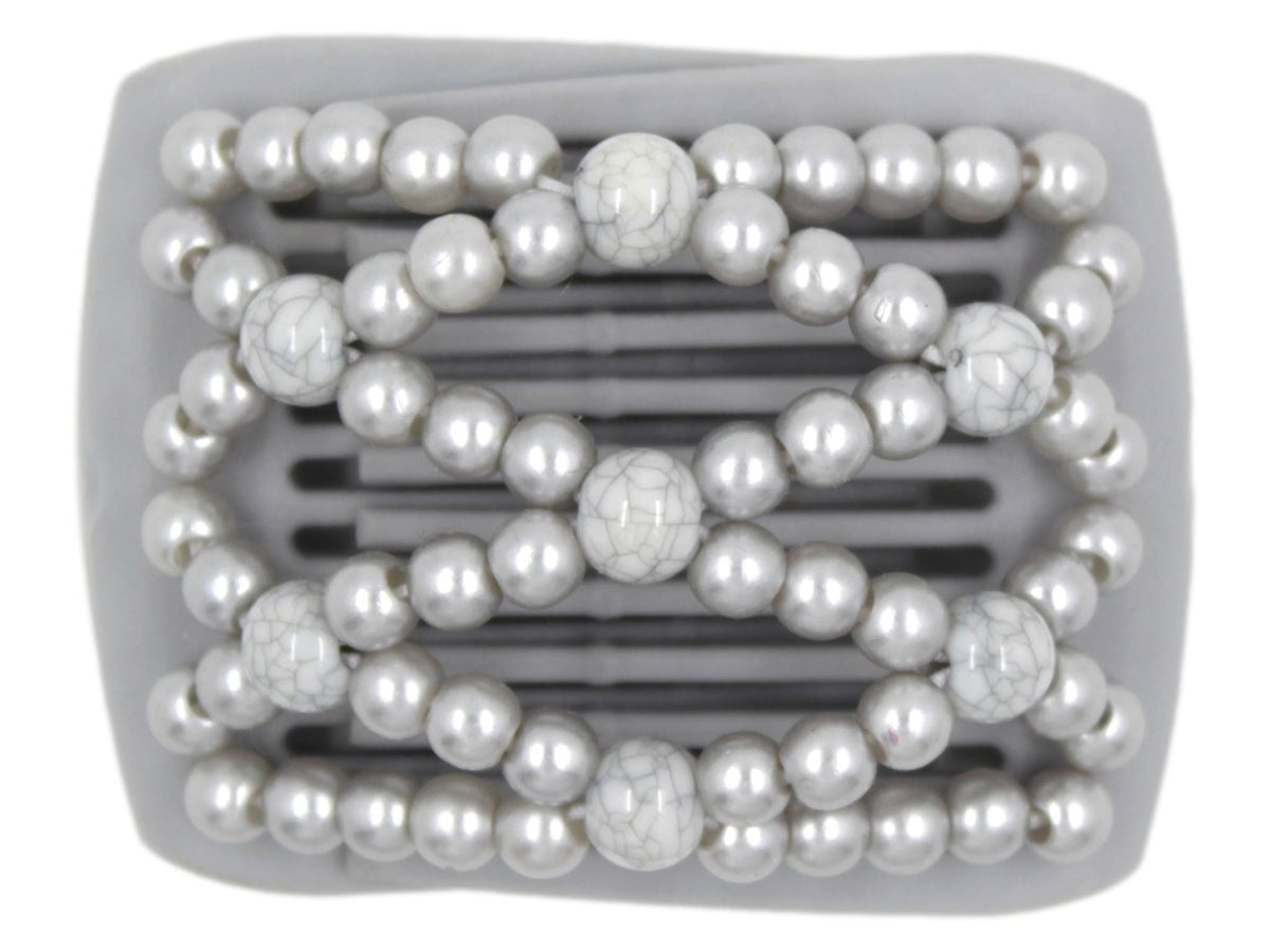 African Butterfly LadyBug Hair Comb - Gray 56 - gray marble accent beads, silver pearl beads, white background