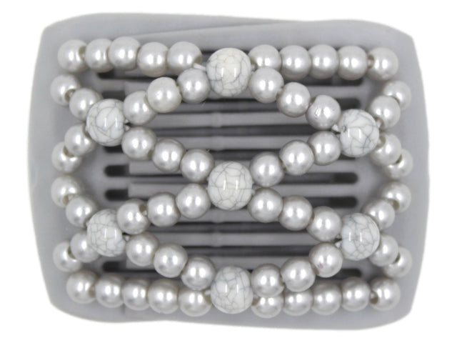 African Butterfly LadyBug Hair Comb - Gray 56 - gray marble accent beads, silver pearl beads, white background