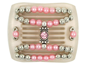 African Butterfly LadyBug Hair Comb - White Pearl 47 - silver charm with baby pink rhinestones, baby pink pearl beads and silver beads, white background
