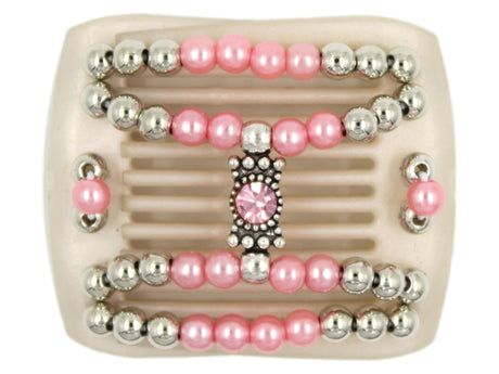 African Butterfly LadyBug Hair Comb - White Pearl 47 - silver charm with baby pink rhinestones, baby pink pearl beads and silver beads, white background