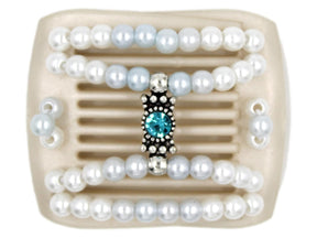 African Butterfly LadyBug Hair Comb - White Pearl 48 - silver charm with blue zircon center rhinestone and white pearl beads, white background