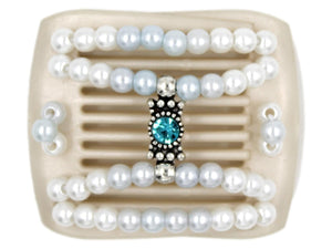 African Butterfly LadyBug Hair Comb - White Pearl 48 - silver charm with blue zircon center rhinestone and white pearl beads, white background