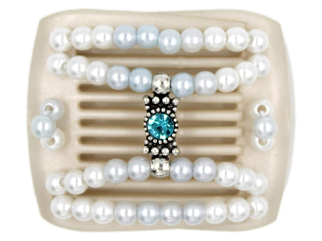 African Butterfly LadyBug Hair Comb - White Pearl 48 - silver charm with blue zircon center rhinestone and white pearl beads, white background