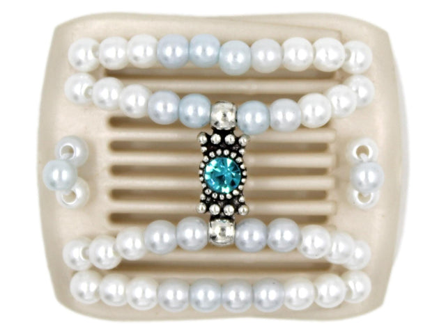 African Butterfly LadyBug Hair Comb - White Pearl 48 - silver charm with blue zircon center rhinestone and white pearl beads, white background
