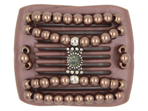 African Butterfly LadyBug Hair Comb - Brown Pearl 51 - silver center charm with olive green rhinestone and mocha pearl beads, white background