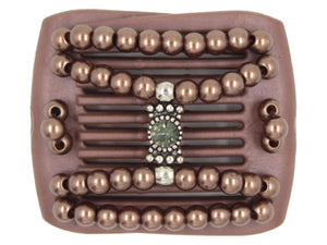 African Butterfly LadyBug Hair Comb - Brown Pearl 51 - silver center charm with olive green rhinestone and mocha pearl beads, white background