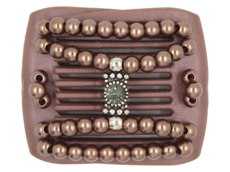 African Butterfly LadyBug Hair Comb - Brown Pearl 51 - silver center charm with olive green rhinestone and mocha pearl beads, white background