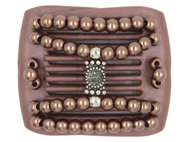 African Butterfly LadyBug Hair Comb - Brown Pearl 51 - silver center charm with olive green rhinestone and mocha pearl beads, white background