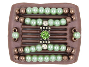 African Butterfly LadyBug Hair Comb - Brown Pearl 52 - silver center charm with peridot rhinestone, green tea and mocha pearl beads, white background