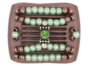 African Butterfly LadyBug Hair Comb - Brown Pearl 52 - silver center charm with peridot rhinestone, green tea and mocha pearl beads, white background