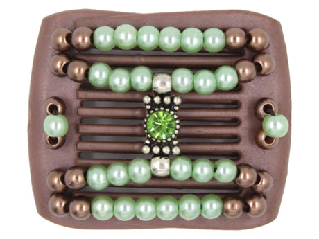 African Butterfly LadyBug Hair Comb - Brown Pearl 52 - silver center charm with peridot rhinestone, green tea and mocha pearl beads, white background