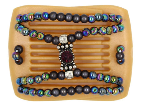 African Butterfly LadyBug Hair Comb - Blonde Pearl 46 - beaded hair comb with center silver charm, charcoal gray and rainbow beads on a white background