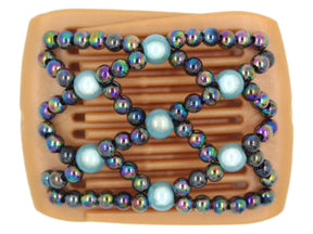 African Butterfly LadyBug Hair Comb - Blonde Pearl 49 - aqua blue magic beads and rainbow beads, white background
