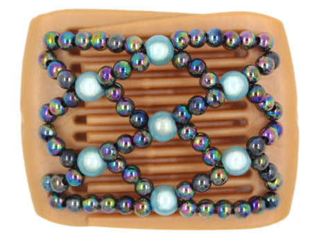 African Butterfly LadyBug Hair Comb - Blonde Pearl 49 - aqua blue magic beads and rainbow beads, white background