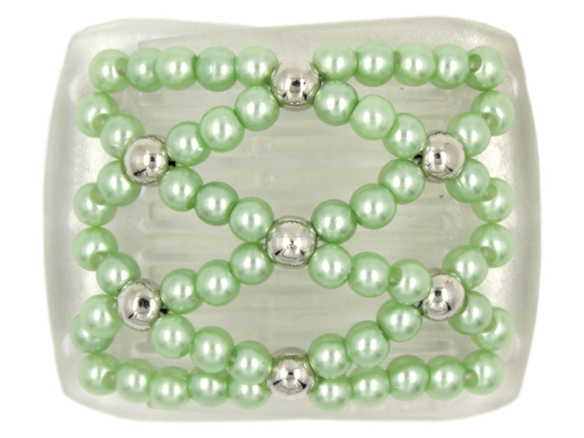 African Butterfly LadyBug Hair Comb - Clear 23 - silver mirrored accent beads, pale green pearly beads, white background