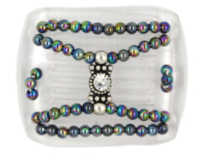 African Butterfly LadyBug Hair Comb - Clear 24 - silver center charm with a large clear rhinestone, rainbow beads, white background