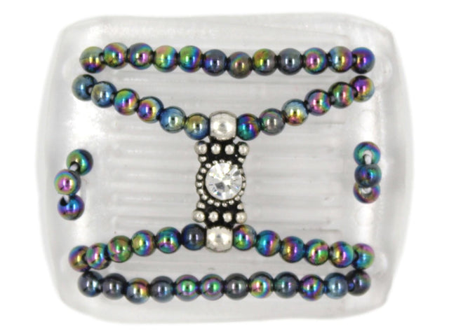 African Butterfly LadyBug Hair Comb - Clear 24 - silver center charm with a large clear rhinestone, rainbow beads, white background