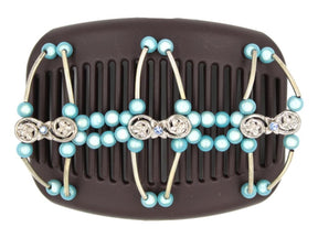 African Butterfly Flowers Brown Hair Comb 75 - silver charms, aqua blue, sapphire beads, white background