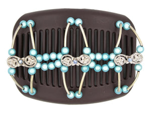 African Butterfly Flowers Brown Hair Comb 75 - silver charms, aqua blue, sapphire beads, white background