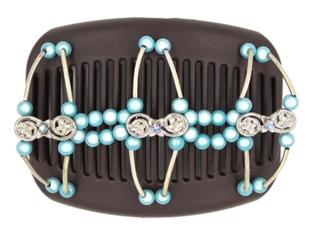 African Butterfly Flowers Brown Hair Comb 75 - silver charms, aqua blue, sapphire beads, white background