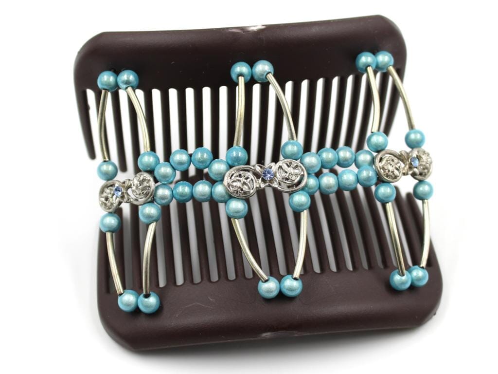 African Butterfly Flowers Brown Hair Comb 75 - silver charms, aqua blue, sapphire beads, shown open, white background